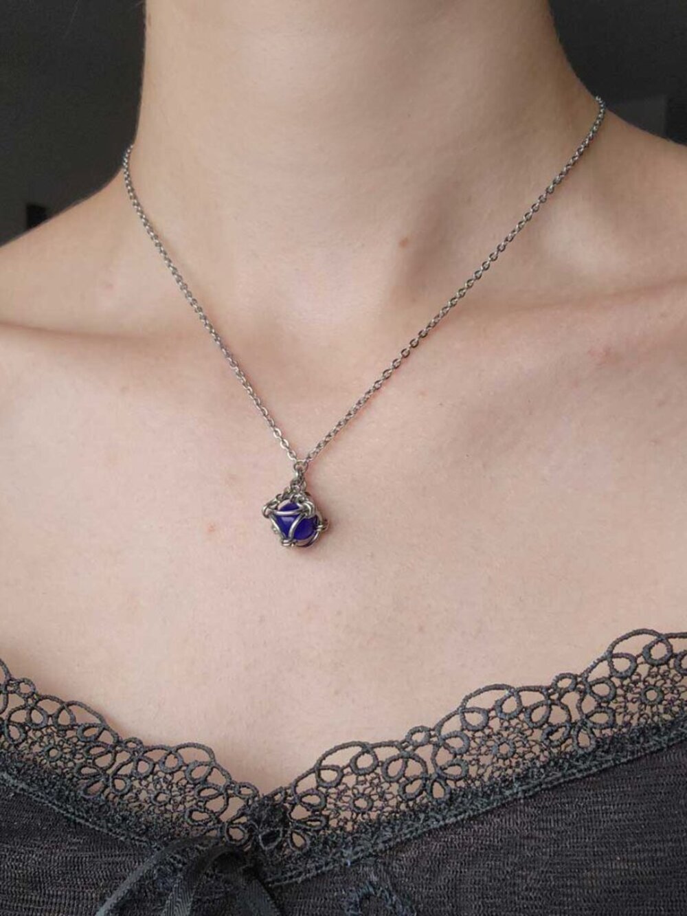 Vintage blue and silver fairy necklace with a small silver chain